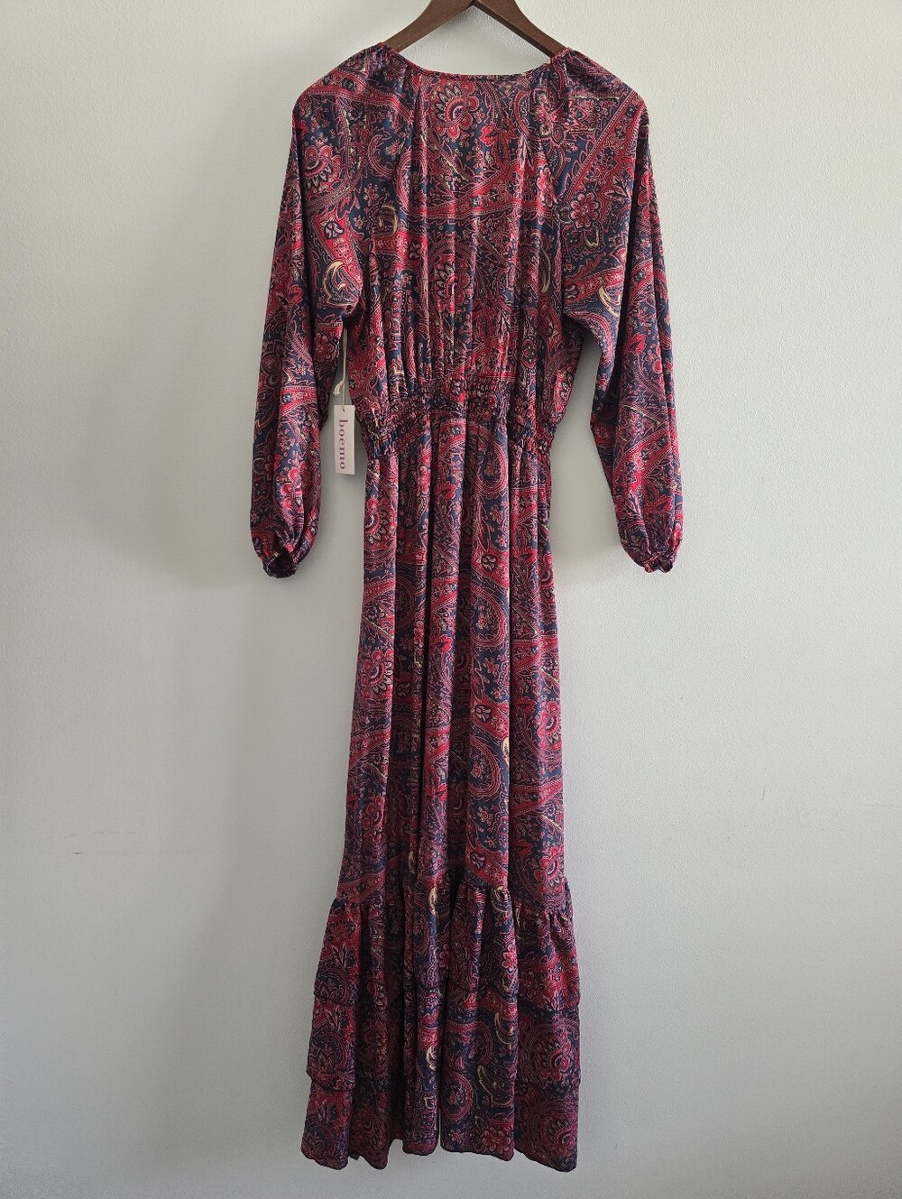 Boemo Paisley Bohemian Tiered Maxi Dress Medium Red Navy Long Sleeve V-Neck - Picture 10 of 12